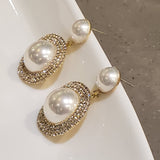 Oversized Gold Pearl Dangle Earrings With Rhinestones | Style No. 223